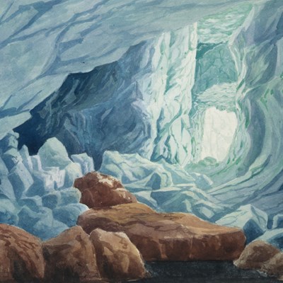 Maleri av landskapet under isen på ein bre.