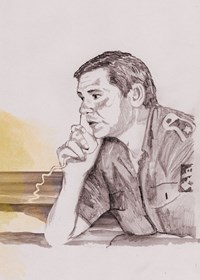 Illustrert portrett av mann i uniform som snakker i telefon.