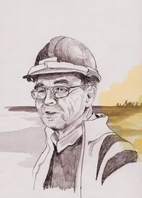 Illustrert portrett av mann med hjelm og briller. 