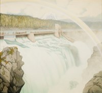 Akvarell av dam med fossende vann og eventyrfigurer