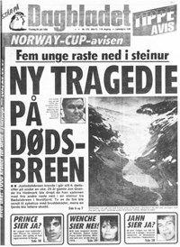 Forside på Dagbladet om en rasulykke på Jostedalsbreen.