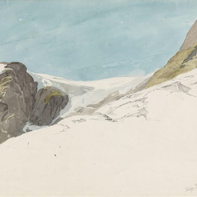 Tegning av Folgefonna av Adolph Tidemand 1843. Teknikk: Akvarell, blyant og penn på papir.