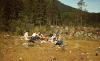 Fem personer sitter på bakken og spiser lunsj på sommeren i et ryddet skogsområde.