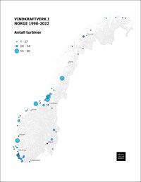 Norgeskart med punkter som viser utbygde vindkraftverk.